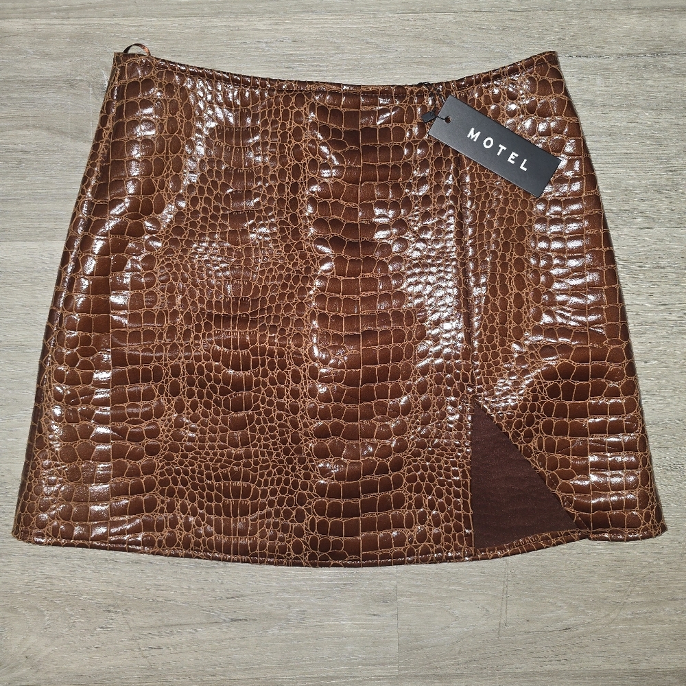 Motel Rocks Tan Croc-Effect Mini Skirt